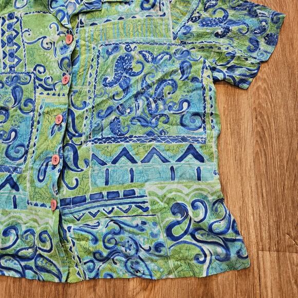 Vtg Geometric Floral Button Up Top Women 1XWP Blue Green Wearable Art Paisley - Picture 4 of 9